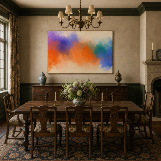 Large soft orange, violet and teal abstract artwork above a sideboard in a traditional dining room with a chandelier