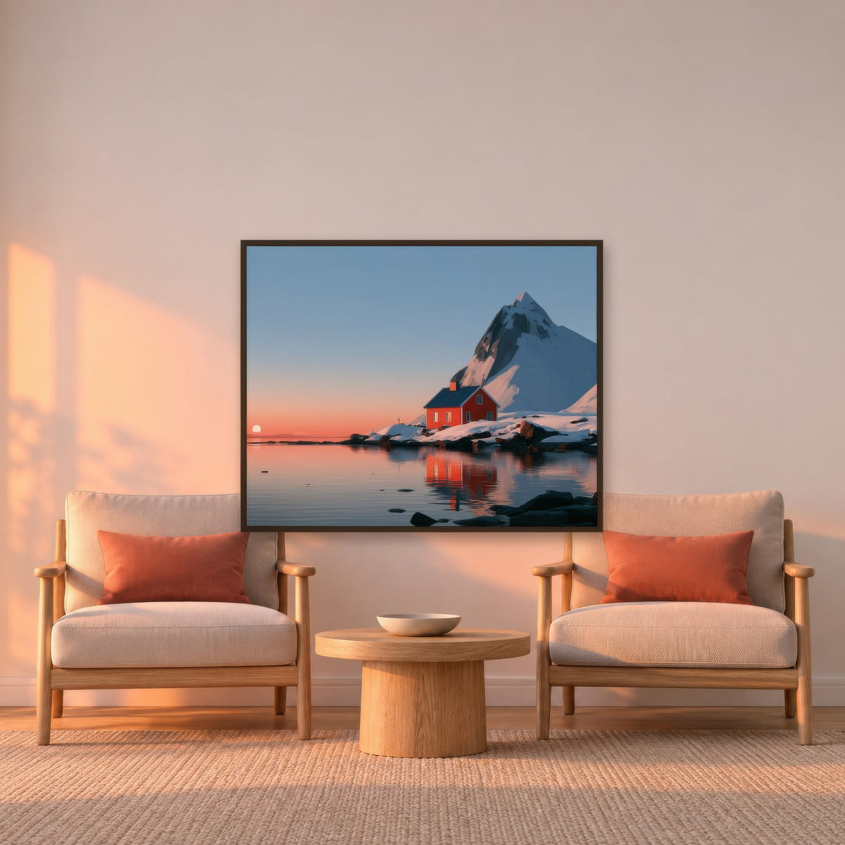 Fjord Cabin at Sunrise scandinavian wall art in a den