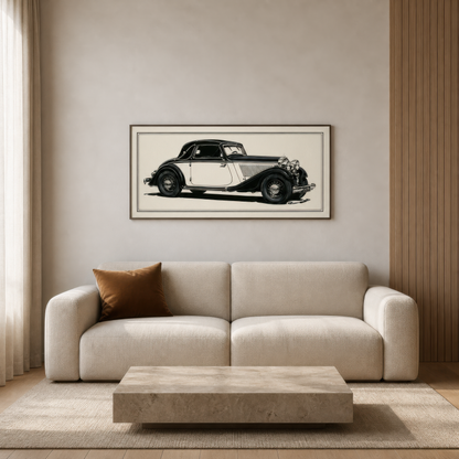 Vintage coupe sketch above a cream boucle sofa with a travertine coffee table