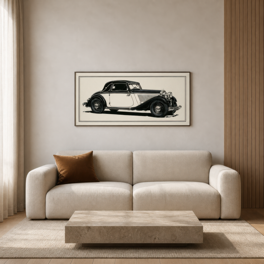 Vintage coupe sketch above a cream boucle sofa with a travertine coffee table