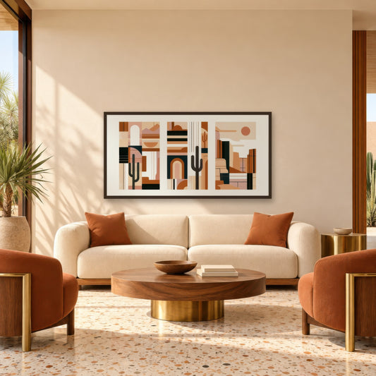 Abstract Desert Triptych with Cacti mid-century modern wall art in a living room