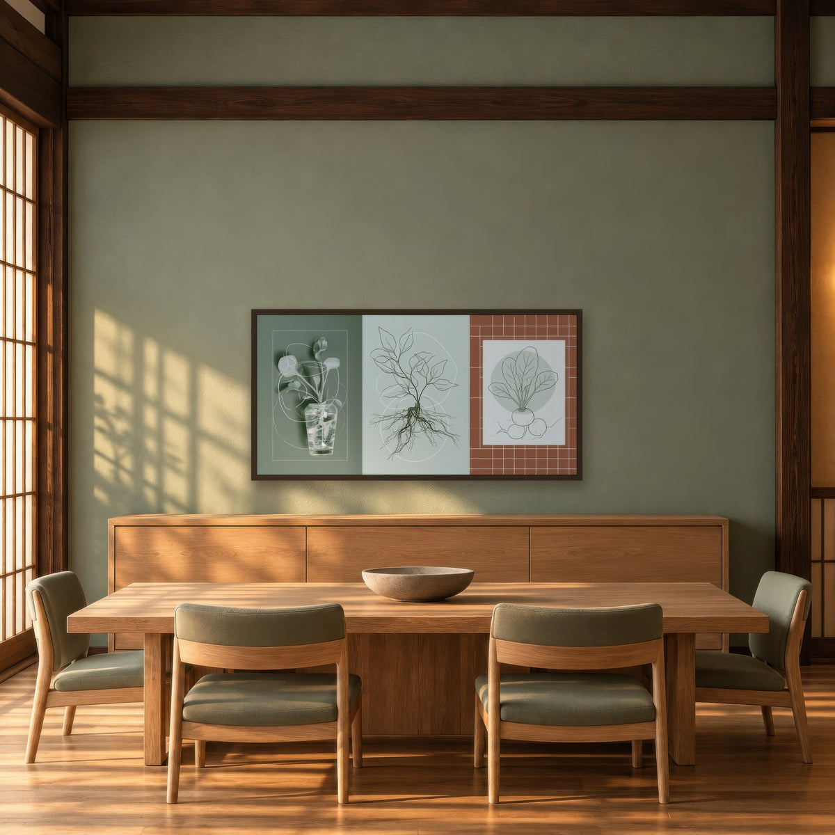 Kitchen Garden Botanical Set japandi wall art in a dining room