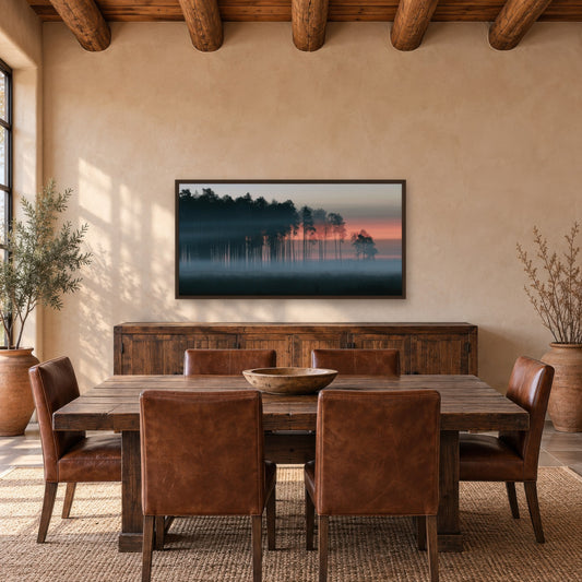 Misty Pine Forest at Dawn landscape wall art in a dining room