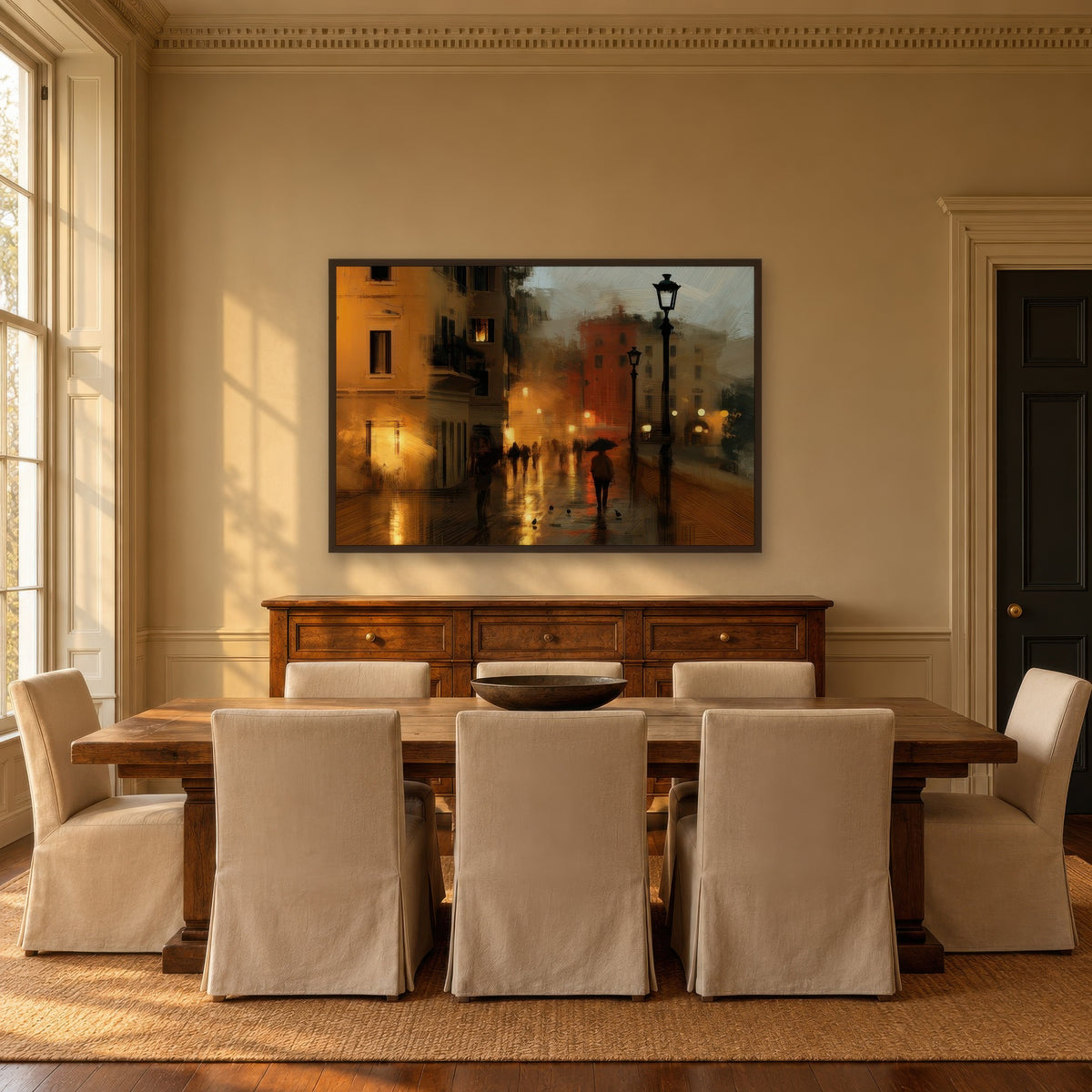 Evening Street Lamps impressionist wall art in a dining room