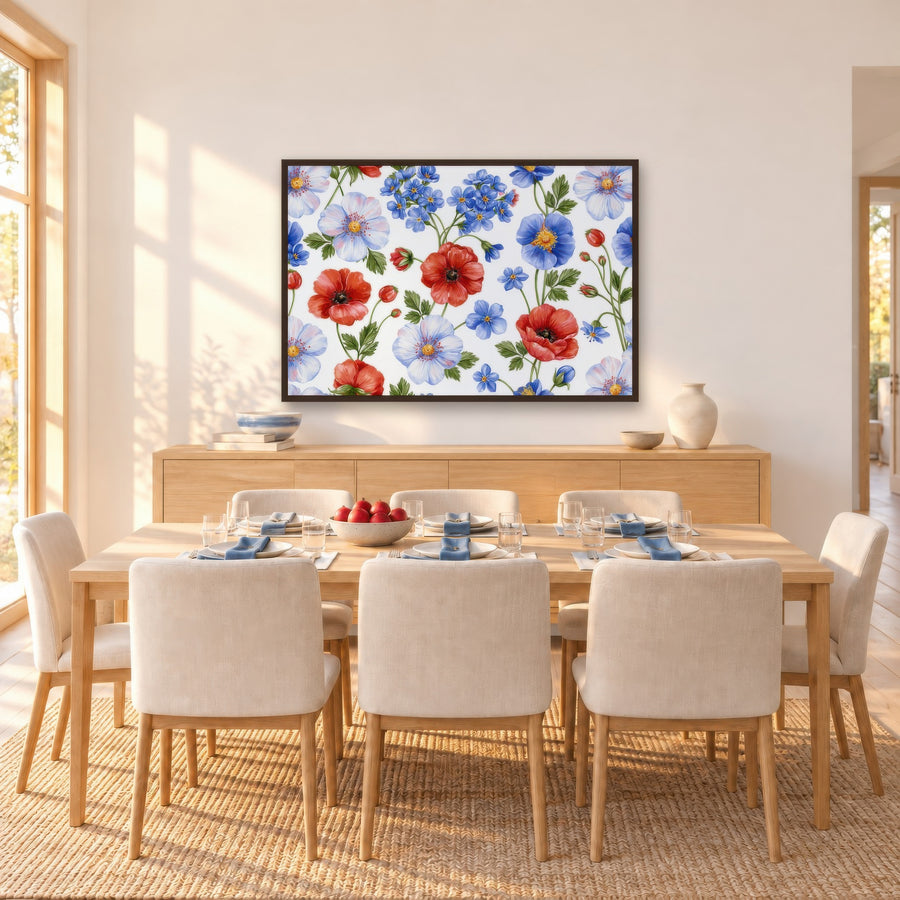 Red Poppy and Blue Wildflower Pattern – Watercolor Floral Wall Art