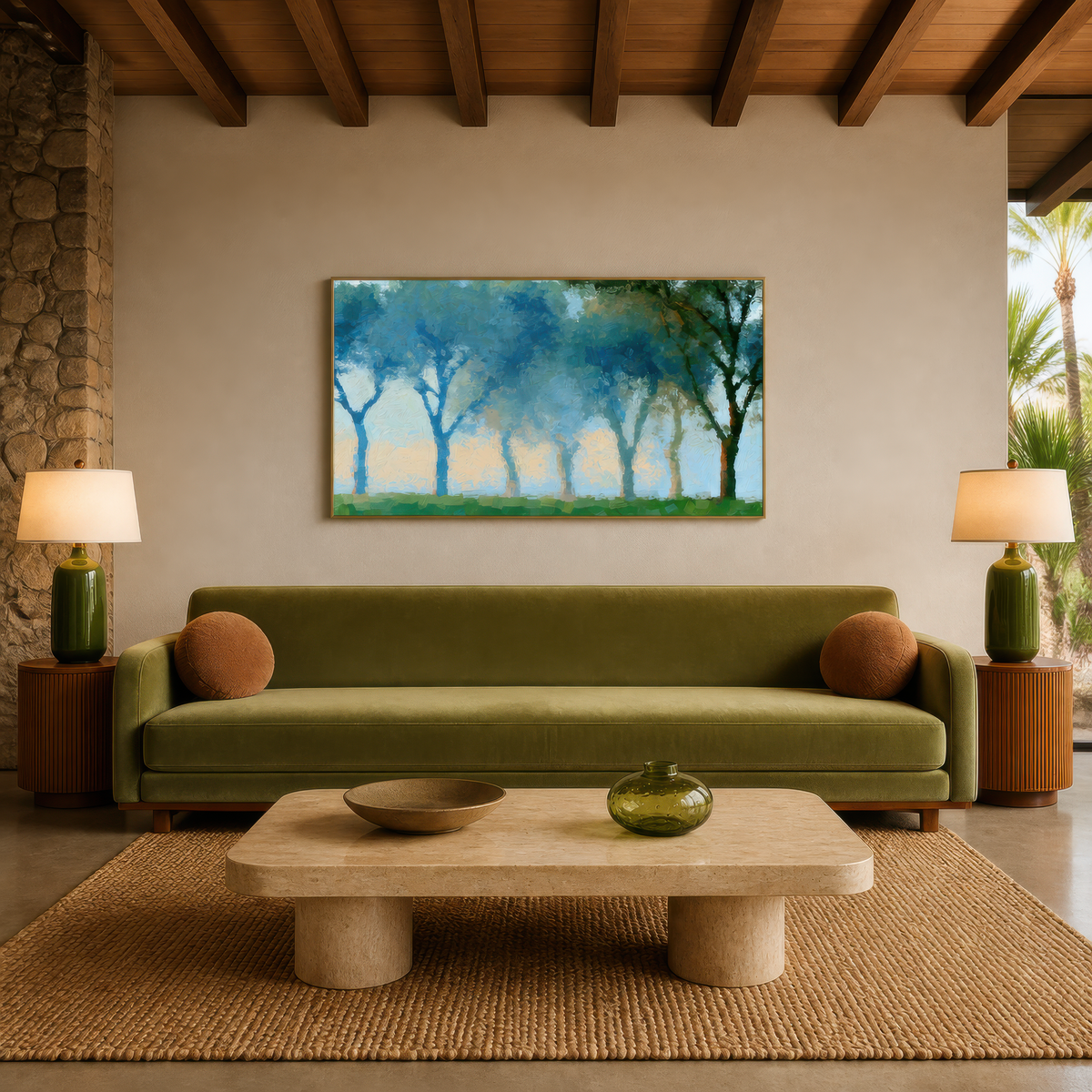 Blue tree row above an olive green sofa with a travertine low table under a timber ceiling