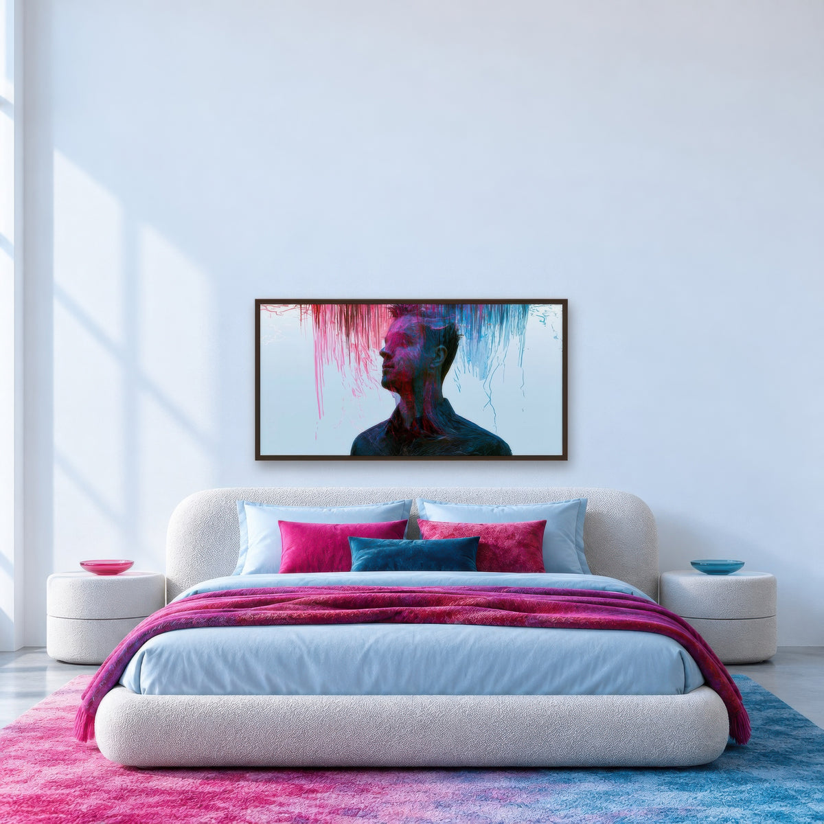 Color Drip Profile in Pink and Teal abstract portrait wall art in a bedroom