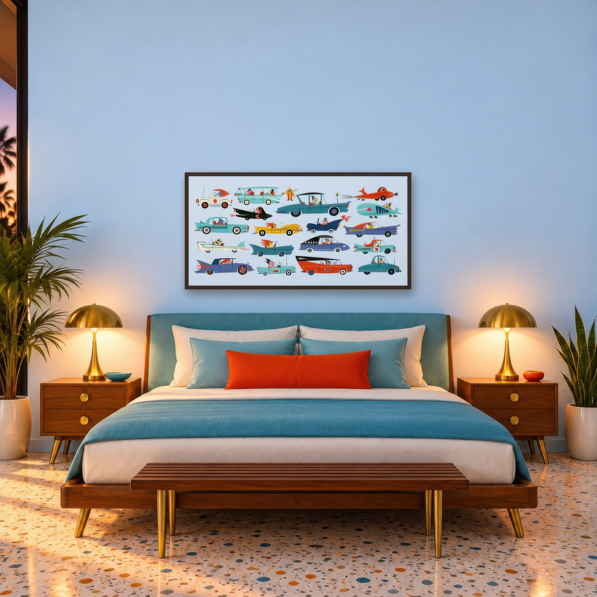 Whimsical Retro Cars Illustration mid-century modern wall art in a bedroom