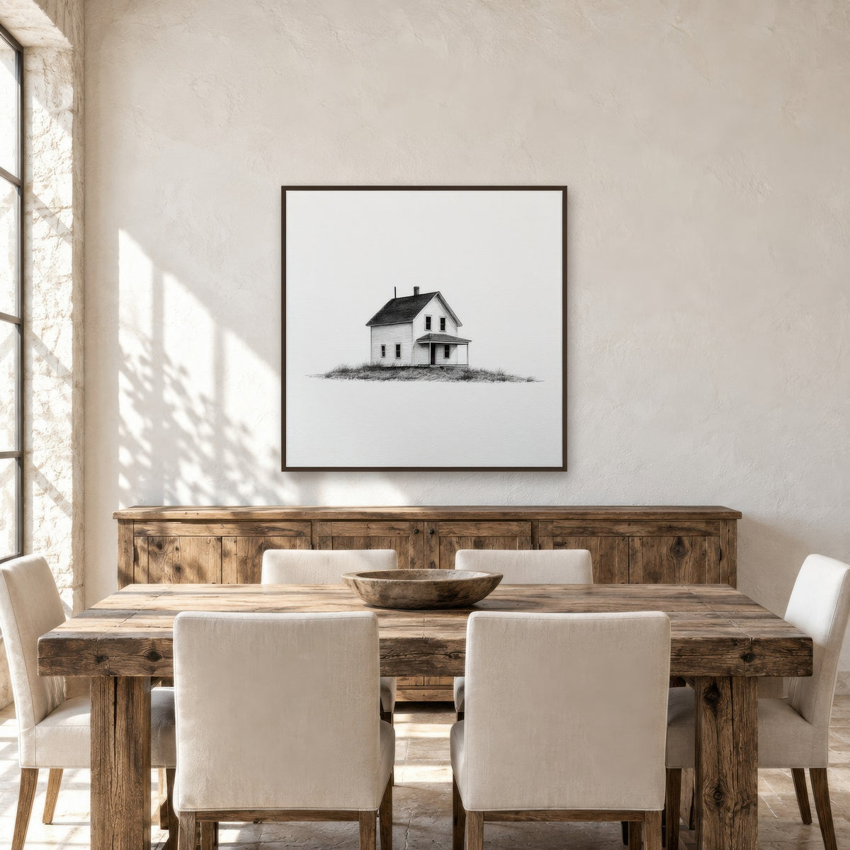 Farmhouse with a Flat-Roofed Porch farmhouse wall art in a dining room