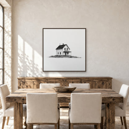 Farmhouse with a Flat-Roofed Porch farmhouse wall art in a dining room