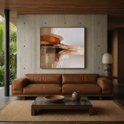 Square ochre and rust abstract artwork above a cognac leather sofa on a concrete wall