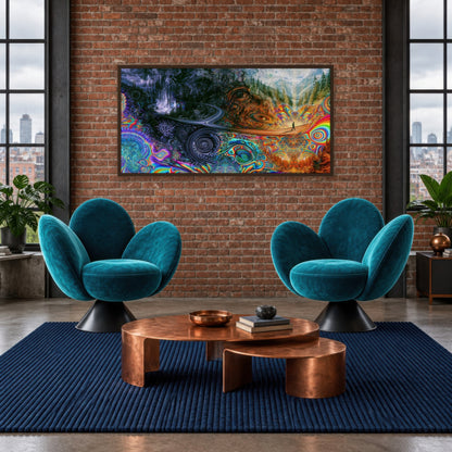 Winter to Summer Crossing psychedelic wall art in a den