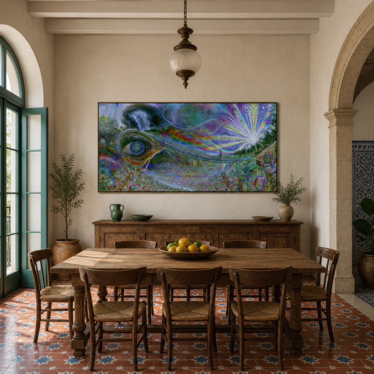 Bright signal above a dark dining table with spindle chairs and arched windows