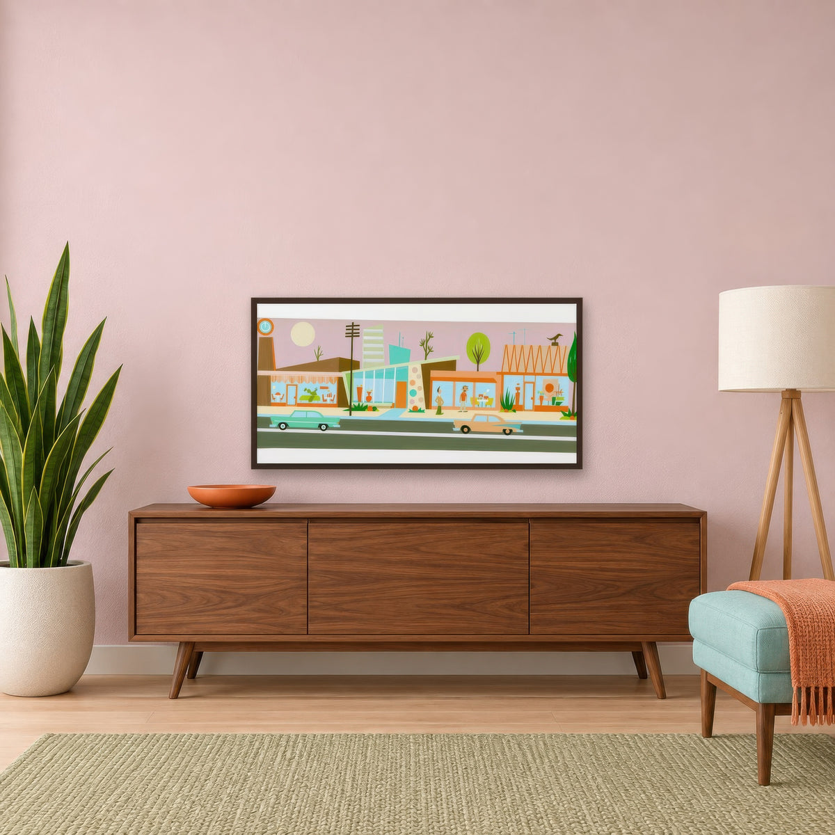 Retro Strip Mall Under a Pink Sky mid-century modern wall art in an entryway