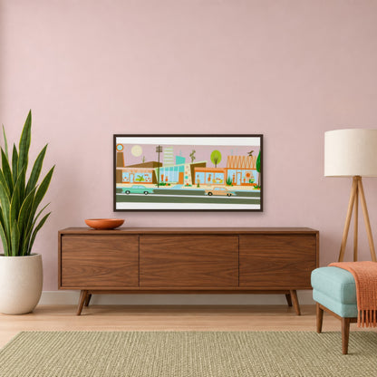 Retro Strip Mall Under a Pink Sky mid-century modern wall art in an entryway