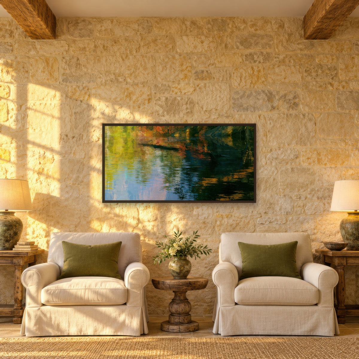 Golden Autumn Reflections impressionist wall art in a den