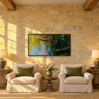 Golden Autumn Reflections impressionist wall art in a den