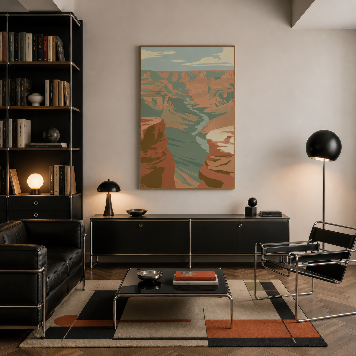 Narrow gorge and teal river above a black credenza with a leather chair and arc lamp