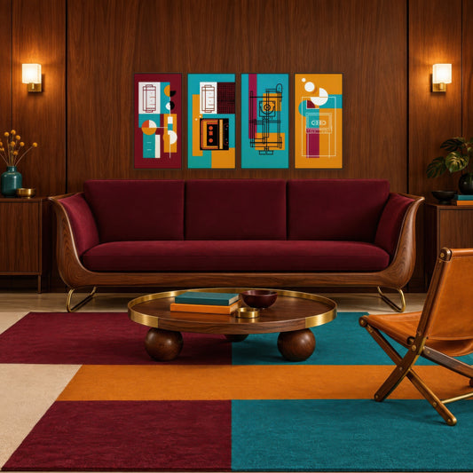 Retro Tech Blueprint Abstract mid-century modern wall art in a living room