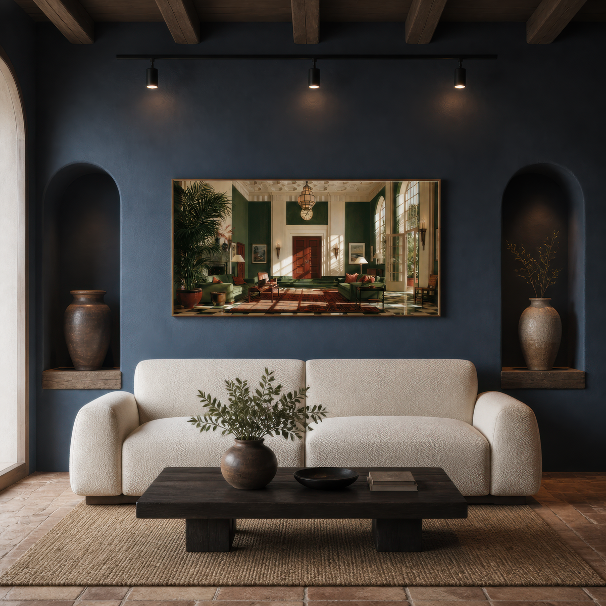 Sunlit drawing room above a cream curved sofa on a navy wall with arched niches