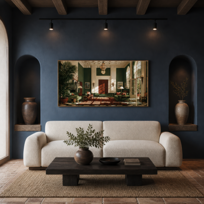 Sunlit drawing room above a cream curved sofa on a navy wall with arched niches