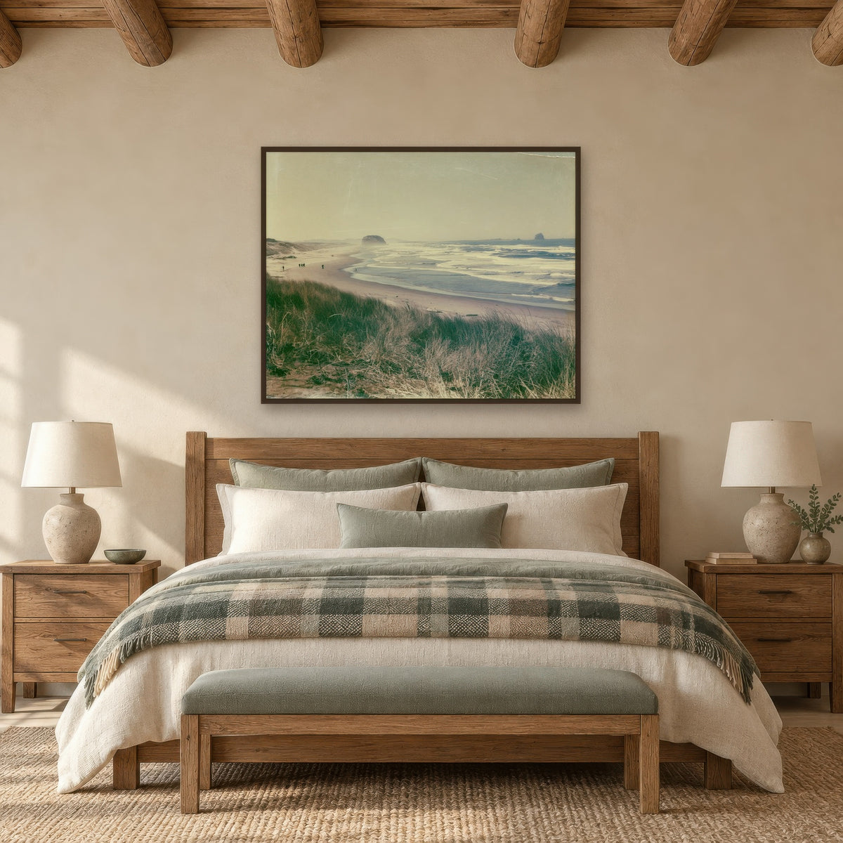 Coastal Dune Grasses and Sea Stacks landscape wall art in a bedroom