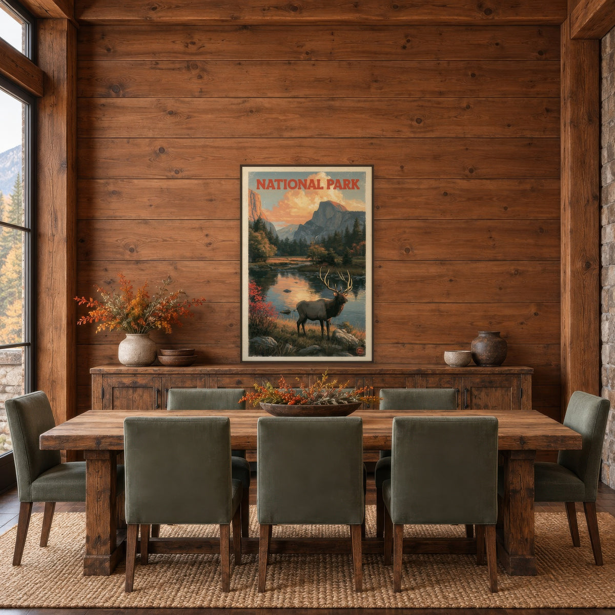 Half Dome Elk Vintage Poster national park wall art in a dining room