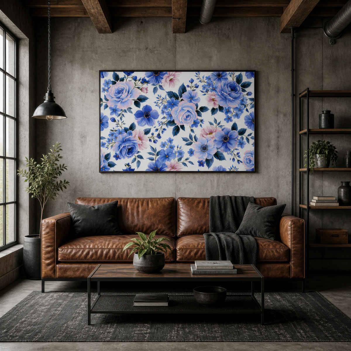 Blue and Pink Rose Pattern wall art print, alternate room view