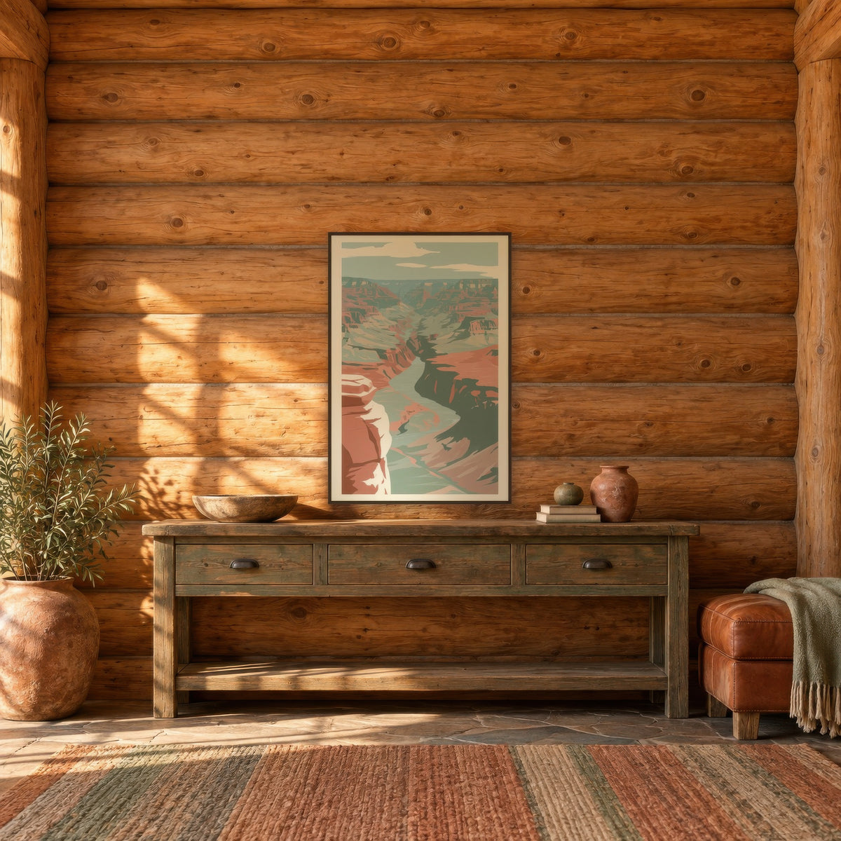Winding River in a Shadowed Canyon landscape wall art in an entryway