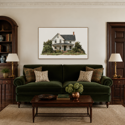 Farmhouse watercolor illustration above a dark green velvet sofa with brass lamps