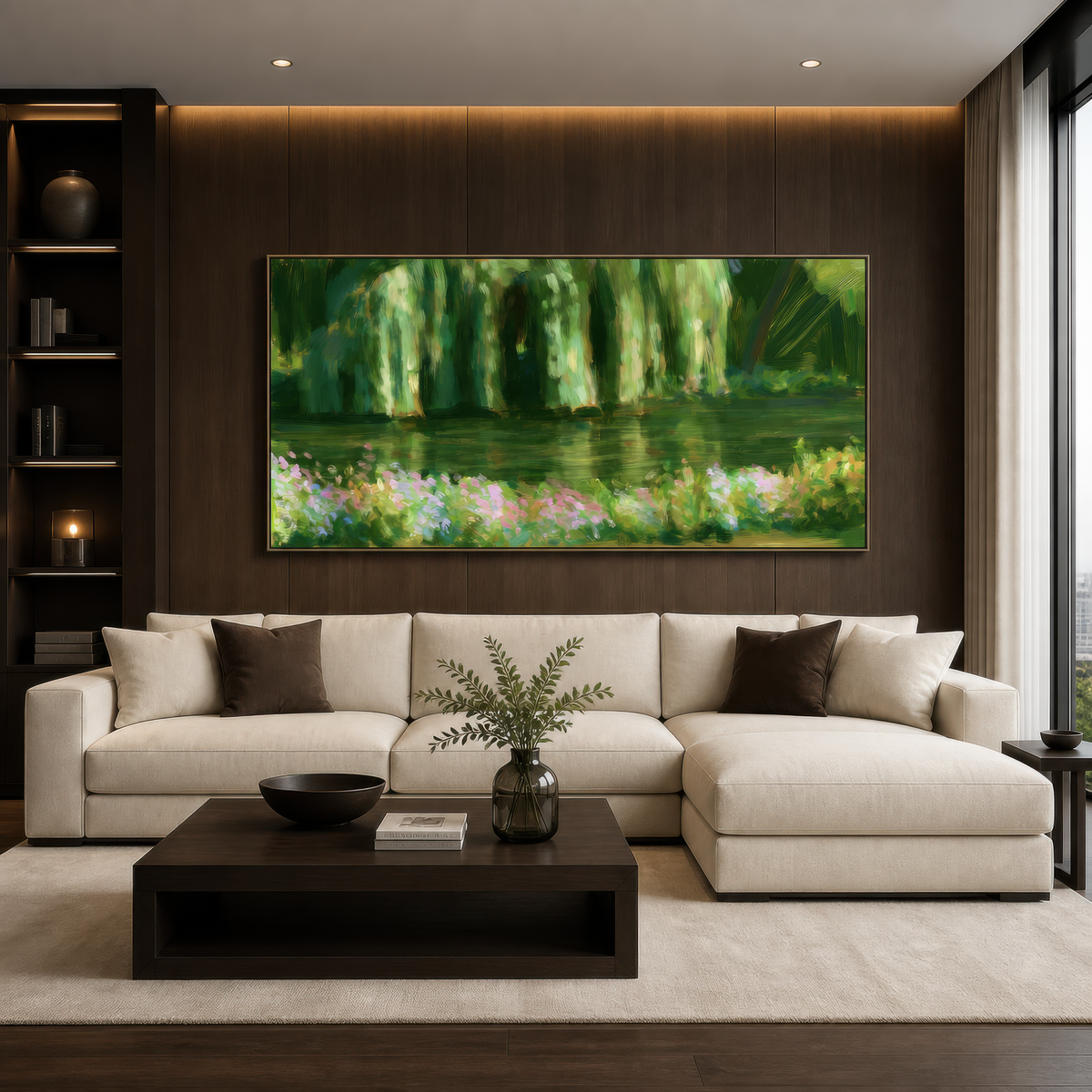Willow Pond with Pink Blossom Bank – Impressionist Wall Art