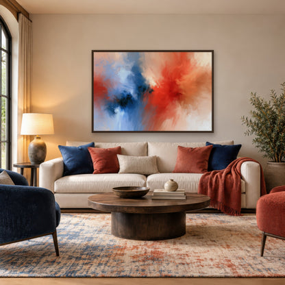 Red and Navy Burst abstract wall art in a living room