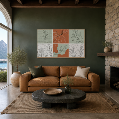 Botanical grid illustration above a tan leather sofa on a dark green wall by a fireplace