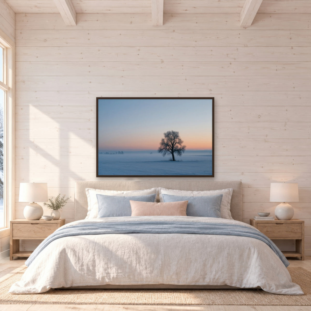 Lone Tree in Snowy Field scandinavian wall art in a bedroom