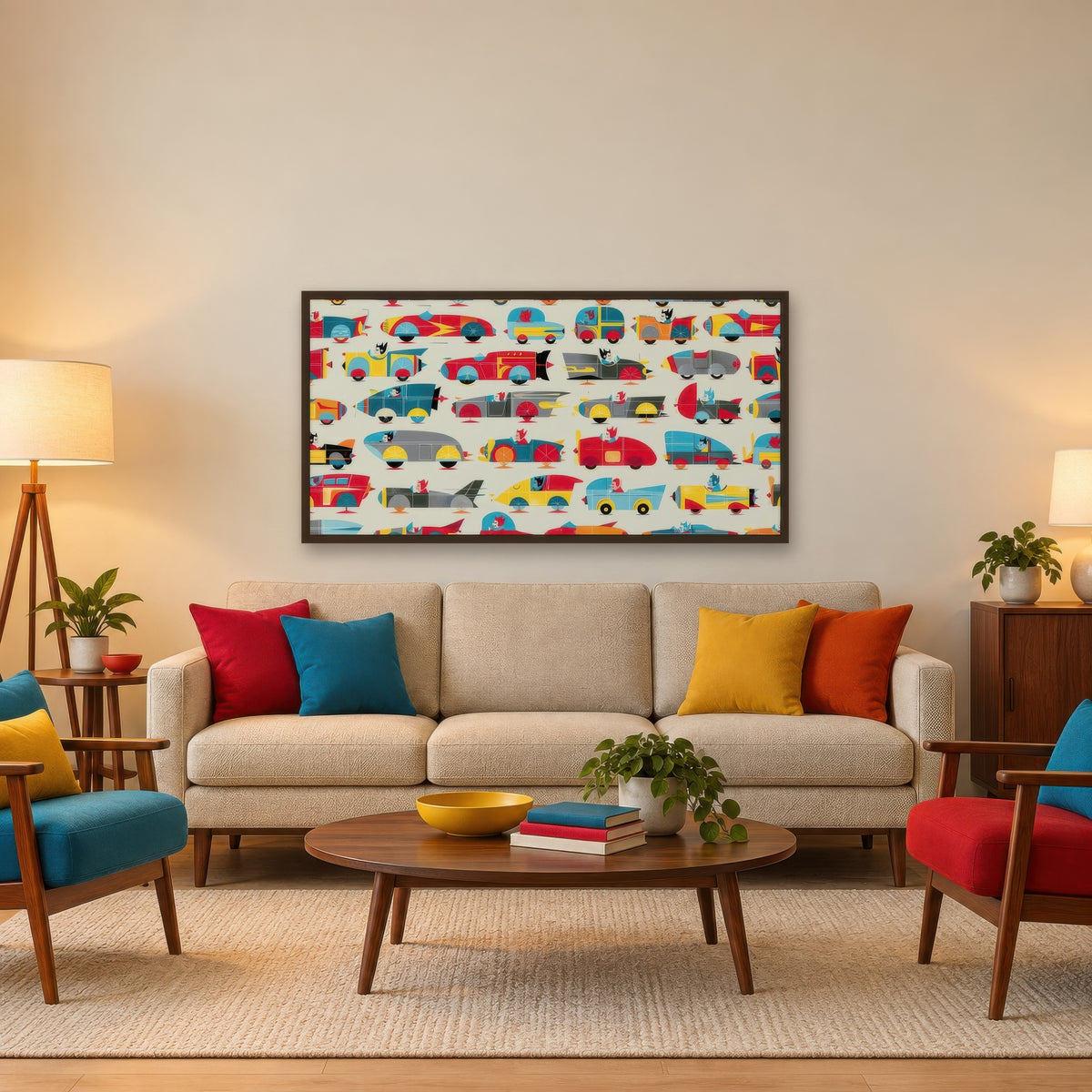 Colorful Toy Car Grid mid-century modern wall art in a living room