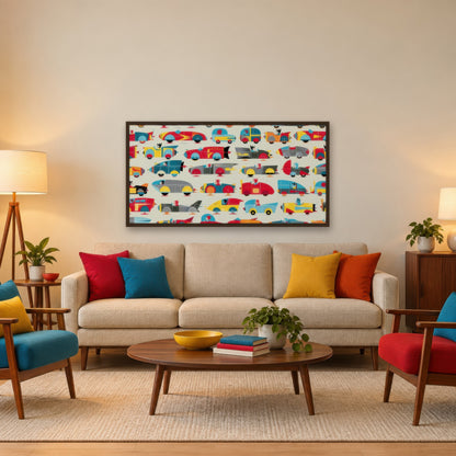 Colorful Toy Car Grid mid-century modern wall art in a living room