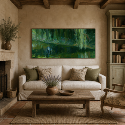 Shaded willow pond above a cream sofa with built in shelving and a low wood coffee table