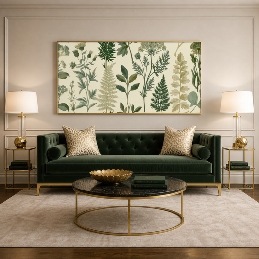 Botanical Fern and Herb Chart wall art print staged in a room