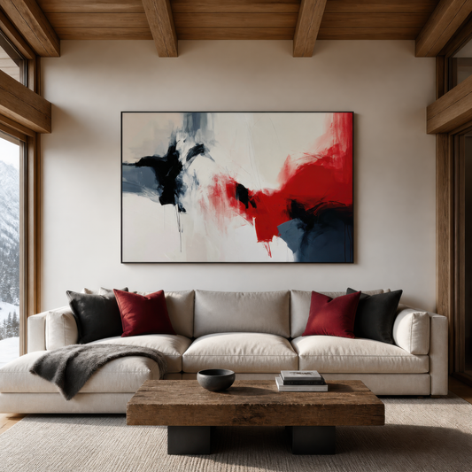 Large red and navy abstract artwork above a white sofa in a living room with a wood-beamed ceiling