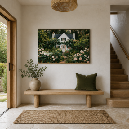 Rambling rose cottage above a pale wood bench in an entryway with a jute rug and staircase