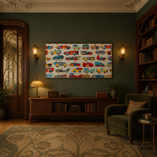 Colorful Toy Car Grid wall art print, alternate room view