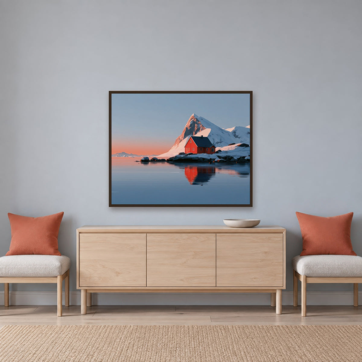 Fjord Cabin at Sunset scandinavian wall art in an entryway
