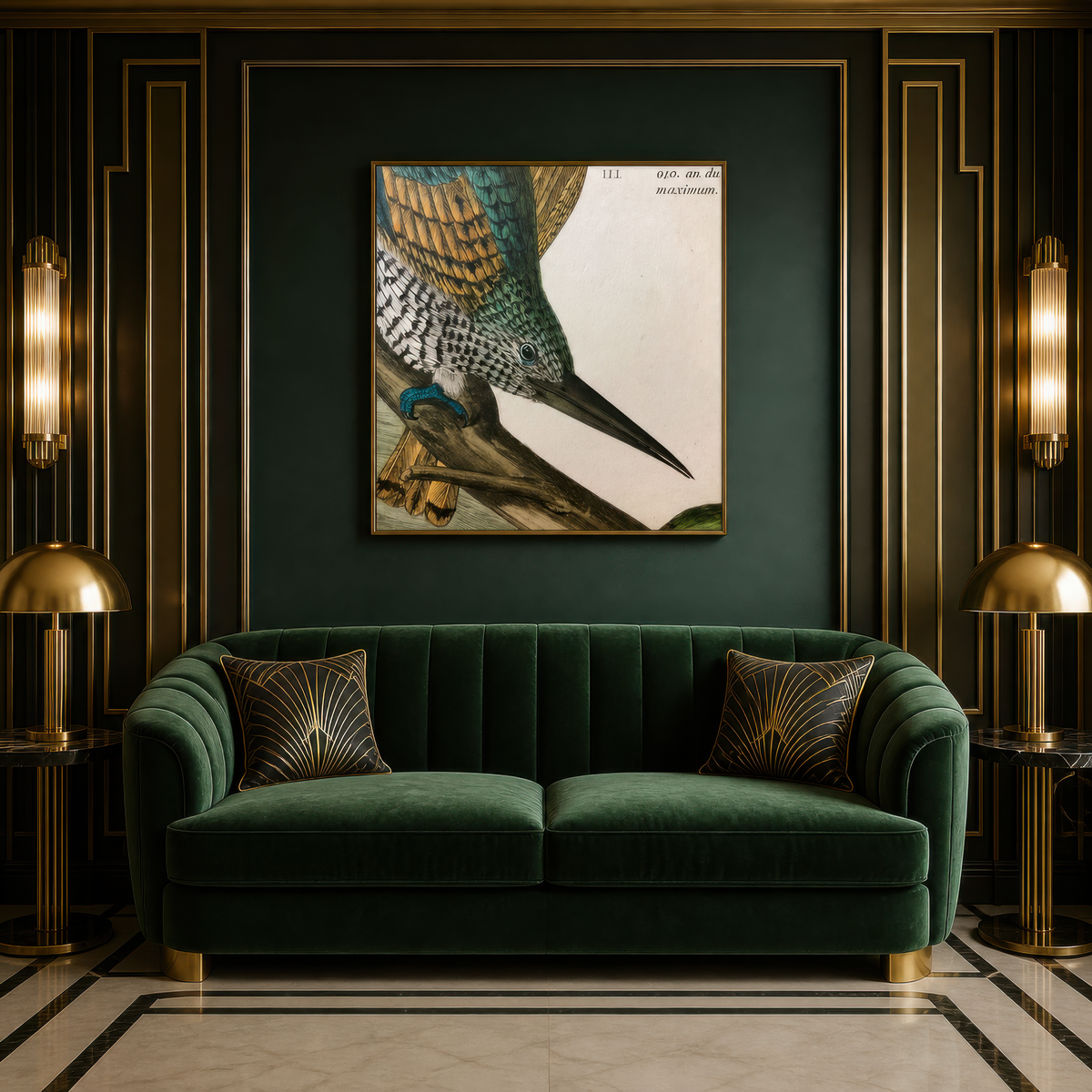 Antique Kingfisher Illustration wall art print staged in a room