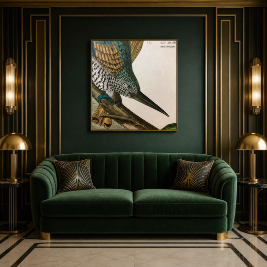 Antique Kingfisher Illustration wall art print staged in a room