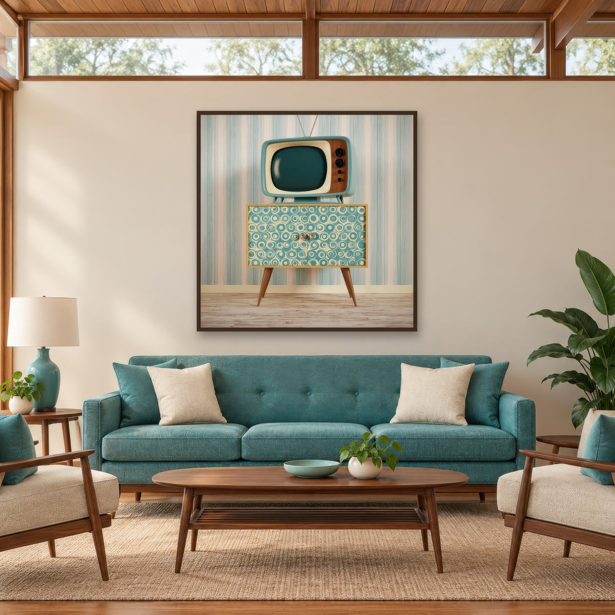 Teal Retro TV on a Patterned Cabinet mid-century modern wall art in a living room