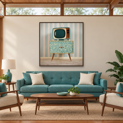 Teal Retro TV on a Patterned Cabinet mid-century modern wall art in a living room