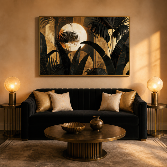 Palm silhouette moonrise above a black velvet sofa with gold pillows and globe lamps
