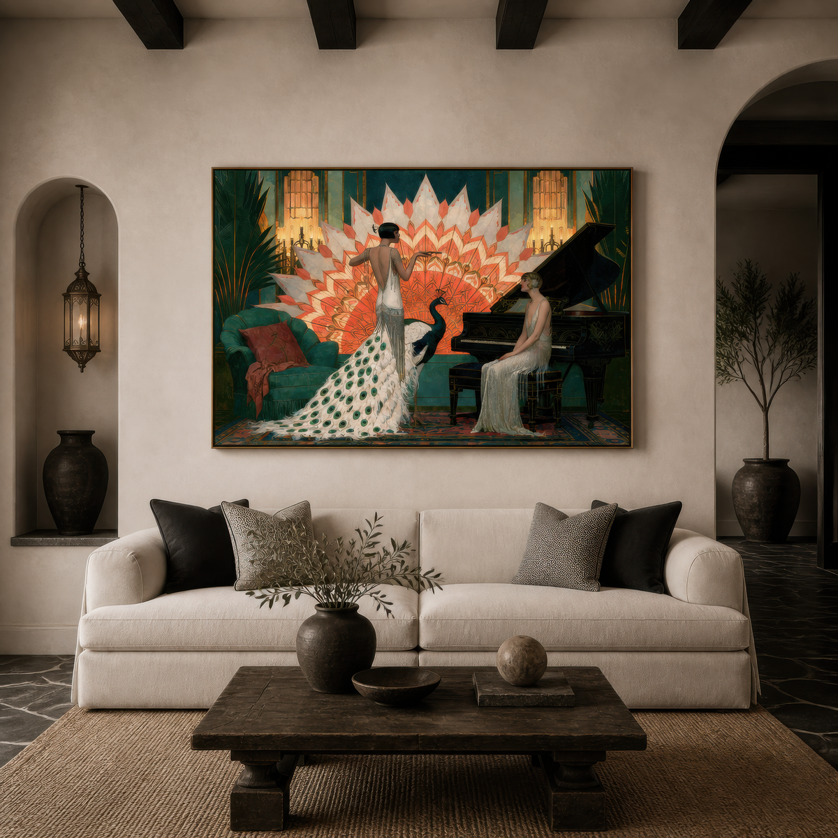 Peacock plume flapper above a cream sofa with black pillows on a plaster wall with arches