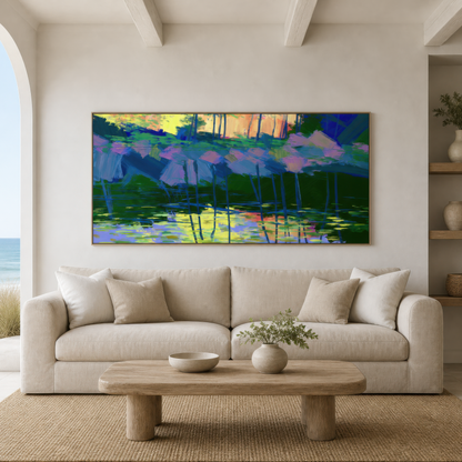 Pink blossom pond above a cream sofa on a white plaster wall with wood beams and a round stone table