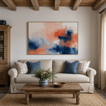 Large navy and coral abstract artwork above a white slipcovered sofa with navy pillows